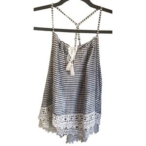 Abercrombie & Fitch‎ Blue White Striped Boho Lace Hem Tank Top Tassel Halter